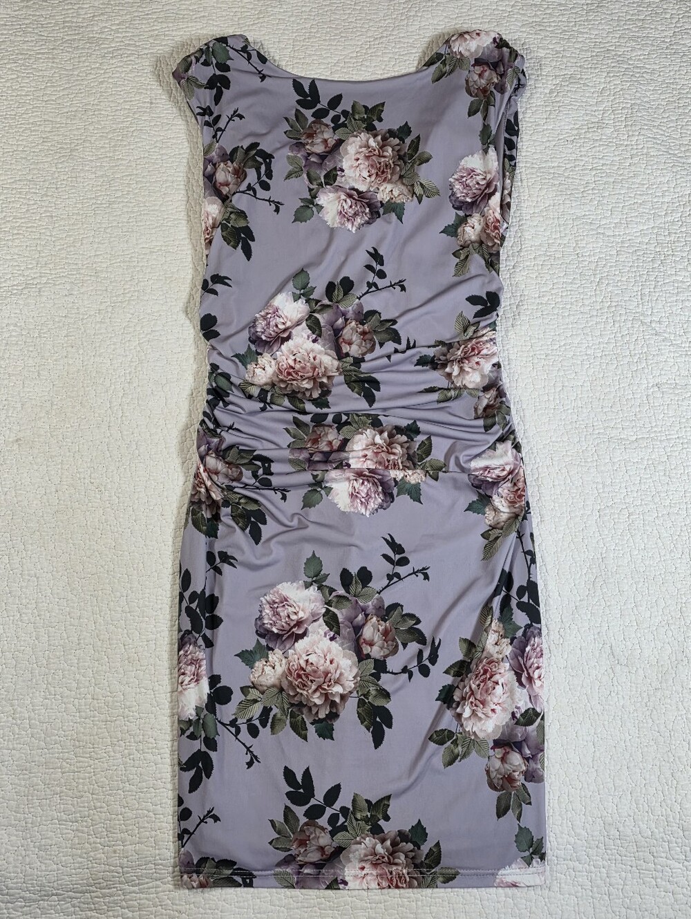 Le Chateau Lavender Purple Floral Draped Back Ruched Dress